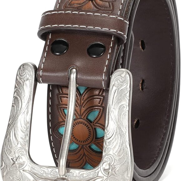 Women Men Genuine Leather Belt Vintage Ladies Western Belt Engraved Tooled Leath